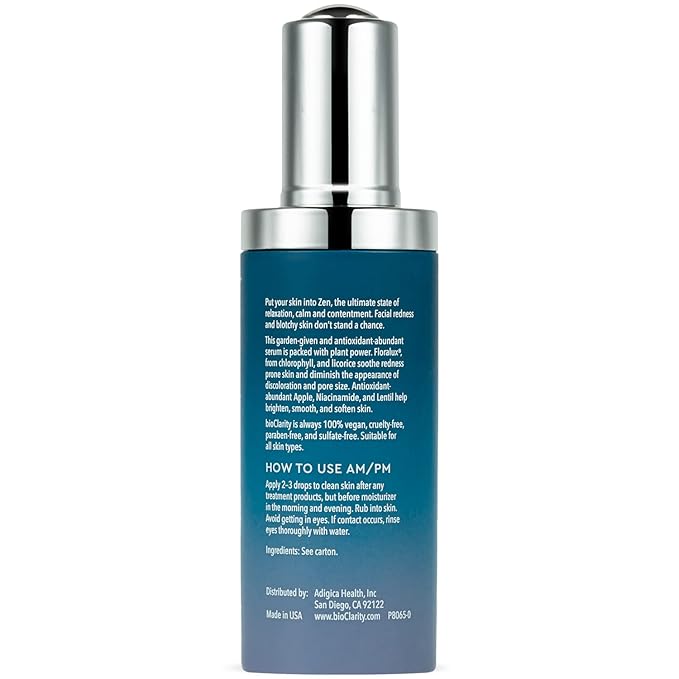 BioClarity Zen Ultra-Calming Serum | Ultracalming Serum for Redness-Prone Skin | 100% Vegan | Calm, Soothe, and Soften Face | Contains Floralux Naturally made from Chlorophyll | 1 fl. oz.
