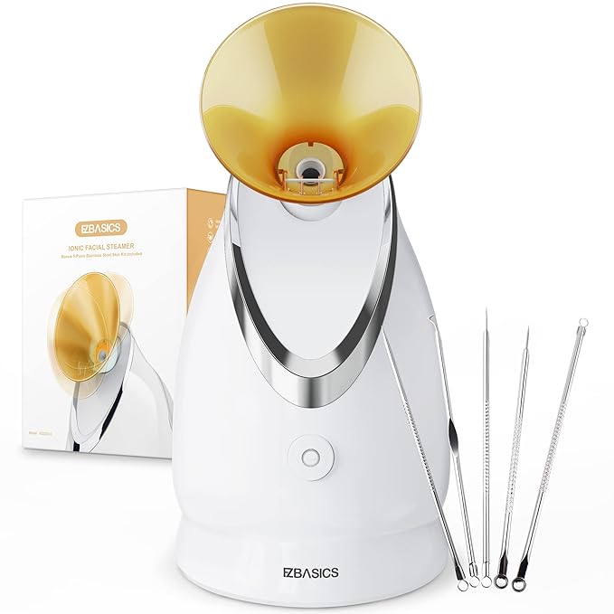EZBASICS Facial Steamer Ionic Face Steamer for Home Facial, Warm Mist Humidifier Atomizer for Face Sauna Spa Sinuses Moisturizing, Unclogs Pores, 1 Pack + 5 Stainless Steel Skin Kit Golden Yellow