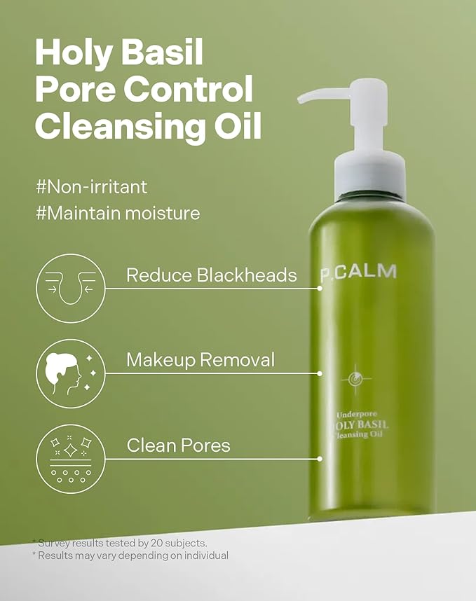 P.CALM Underpore Holy Basil Cleansing Oil โ Holy Basil & Tea Tree for Deep Pore Cleansing, Blackhead Removal, and Makeup Removal, Korean Skincare (190ml / 6.42 fl.oz)