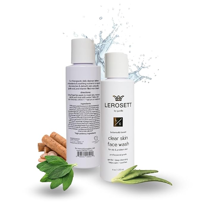 LEROSETTยฎ Clear Skin Face Wash โ Gentle Gel Cleanser with 60% Aloe-Rich Botanicals, 4% Glycolic Acid & Vit-E Microbeads โ Fights Breakouts, Unclogs Pores, Balances Oil โ Spa-Grade, Vegan โ 4oz