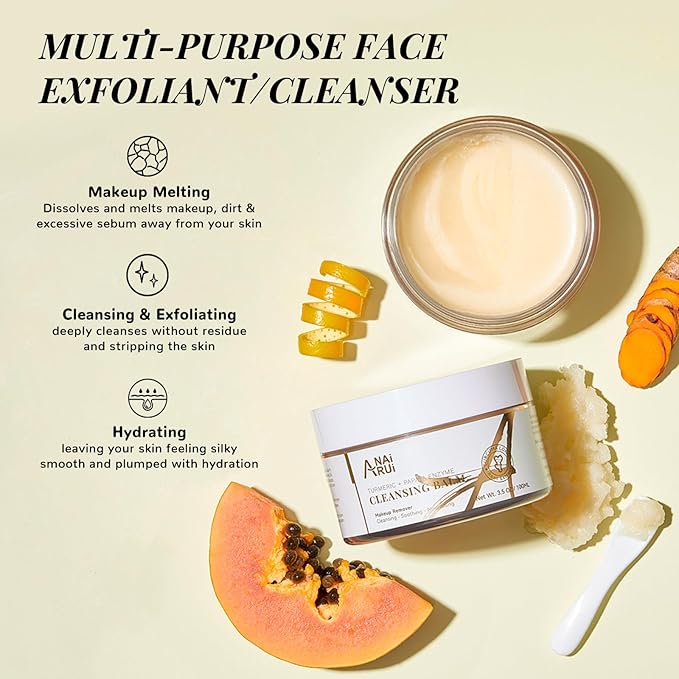 ANAI RUI Turmeric Makeup Remover Balm, Turmeric Cleansing Balm, Face Exfoliator for Melting Makeup, Cleansing Pores & Blackheads, Hydrating, Smooth Skin, 3.5OZ