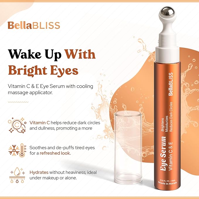 BellaBLISS Vitamin C & Vitamin E Eye Serum โ Hydrating Under Eye Roller for Puffiness, Wrinkles & Dark Circles โ Lightweight Cooling Formula โ 0.5 fl.oz / 15 ml โ Pack of 1