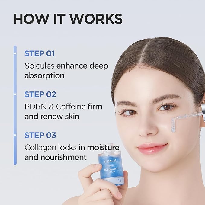 P.CALM Blue Capsule 11 Serum โ PDRN & Caffeine for Intense Moisture, Plumping Effect, Elasticity, and Radiant Skin, Korean PDRN Serum (30ml / 1.01 fl.oz)
