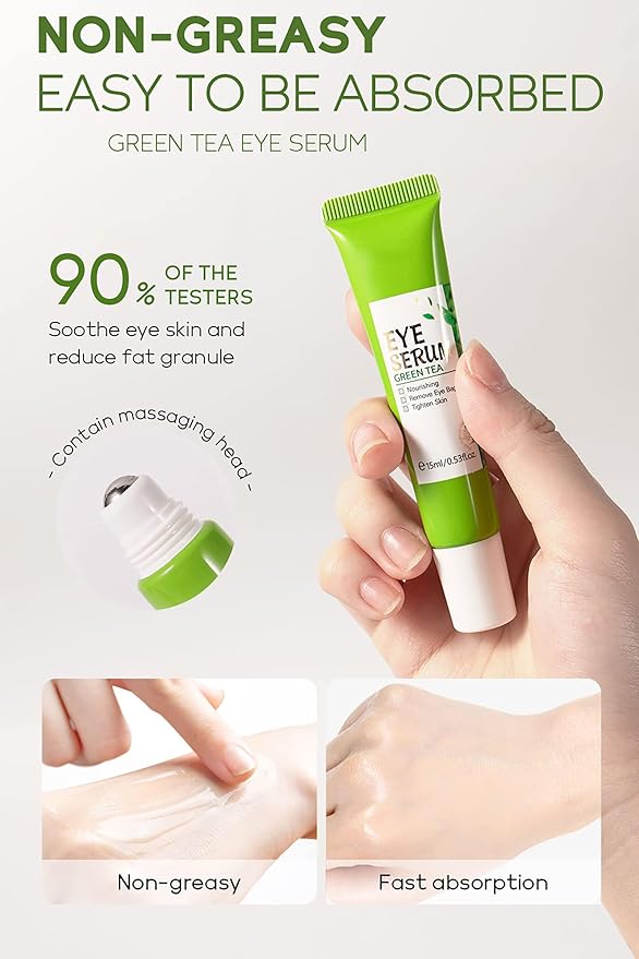 AKARY Green Tea Eye Serum and Under Eye Roller Cream, for Eye Bags Puffiness, Caffeine Eye Cream with 360ยฐ Massage Ball Reduce Wrinkles and Fine Lines, Under Eyes, Moisturizing, Hydrating, Firming Eye Skin (Green Tea)