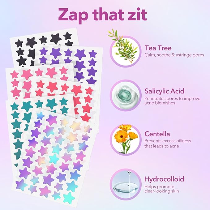 Pimple Patches for Face, Hydrocolloid Acne Patches, Cute Star Zit Covers for Face, Colorful Spot Stickers with Tea Tree, Salicylic Acid & Cica Oil| 3 Sizes (10mm, 12mm & 14mm) |280 Count