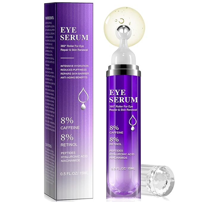Eye Serum for Dark Circles and Puffiness, Under Eye Cream Anti Aging for Puffiness and Bags with 360ยฐ Eye Roller Massage Ball, Eye Serum with 8% Caffeine 8% Retinol for Women & Men