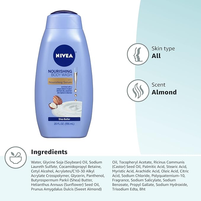 NIVEA Shea Butter Nourishing Body Wash, Moisturizing Body Wash for Dry Skin, 20 Fl Oz Bottle (Pack of 2)
