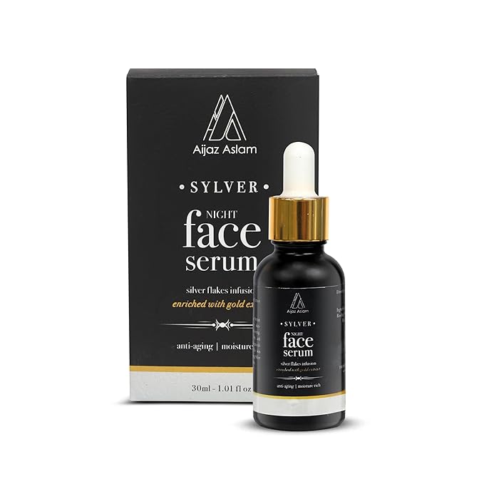 AIJAZ ASLAM Sylver Night Face Serum β 30ml (1.01 fl Oz) β Enhanced with Silver Flakes & Gold Extracts - Anti-Aging - Maintains Healthy Skin β Deeply Nourishes β Best for all Skin Types