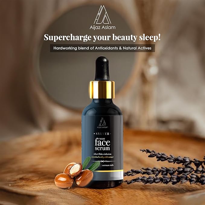 AIJAZ ASLAM Sylver Night Face Serum β 30ml (1.01 fl Oz) β Enhanced with Silver Flakes & Gold Extracts - Anti-Aging - Maintains Healthy Skin β Deeply Nourishes β Best for all Skin Types