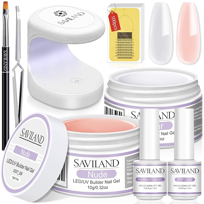 SAVILAND Builder Nail Gel Set - 2 Basic Colors Nail Extension Kit with Foundation Gel Top Gels LED Lamp Brush 100 Pcs Nails Forms at Home Salon