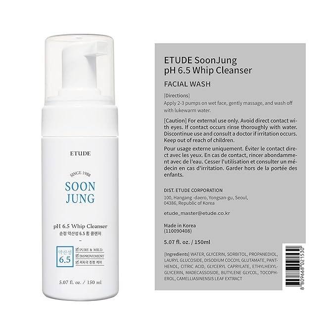 ETUDE SoonJung pH 6.5 Whip Facial Cleanser 5.1 fl. oz. (150ml) 21AD | Soft Bubble Fragrance-Free Low-pH Korean Hydrating Cleansing Wash for Sensitive Skin | Korean Skin Care, K-Beauty | Vegan