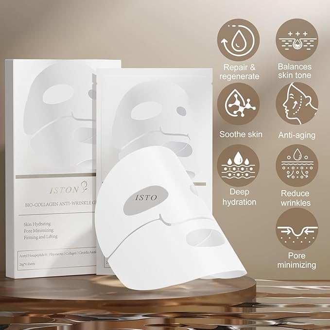 ISTON 6 Pack Bio-Collagen Real Deep Anti Wrinkle Lifting Mask,Overnight Hydrating Face Mask for All Skin Types -Pore Minimizing,Elasticity Enhancing,Firming,Moisturizing