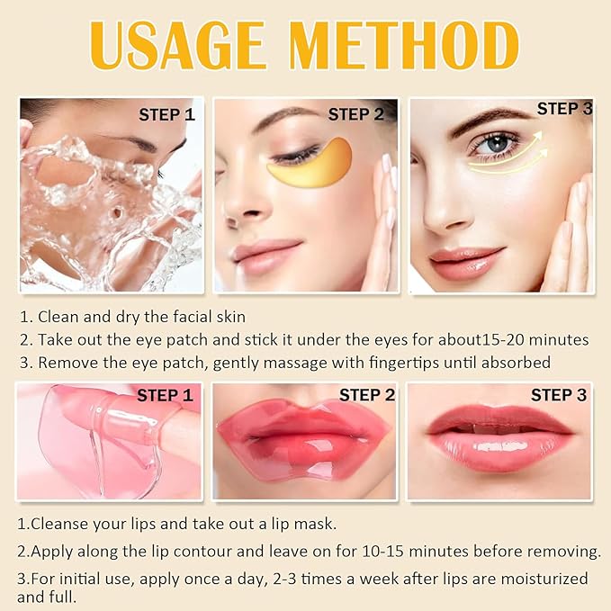 30 Pairs Lip Masks & 24K Gold Eye Mask Bulk Mother's Day Gifts, Collagen Crystal Under Eye Patches for Puffy Eyes, Effectively Moisturizing Lip & Eye Skin Care, Reducing Fine Lines Dark Circles