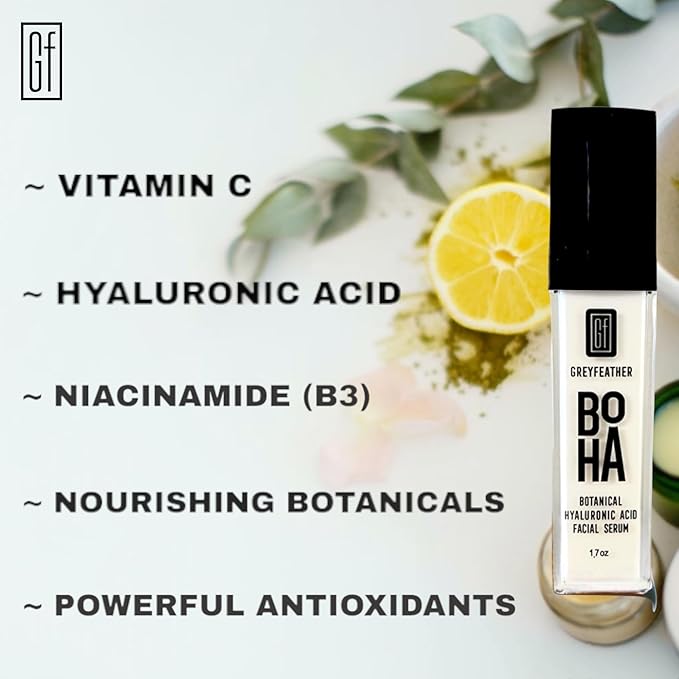 Greyfeather Hyaluronic Acid Serum for Face โ Hydrating, Brightening & Anti-Aging Formula with Vitamin C, Niacinamide, Aloe & Botanical Extracts โ Natural, Skin-Loving Serum for Radiant Glow (1.7 oz)