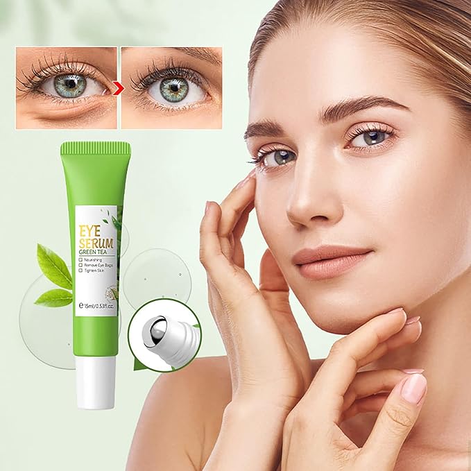 AKARY Green Tea Eye Serum and Under Eye Roller Cream, for Eye Bags Puffiness, Caffeine Eye Cream with 360ยฐ Massage Ball Reduce Wrinkles and Fine Lines, Under Eyes, Moisturizing, Hydrating, Firming Eye Skin (Green Tea)
