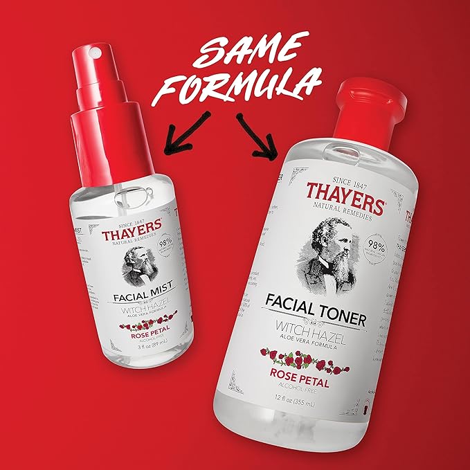 Thayers Alcohol-Free Witch Hazel Facial Mist Toner with Aloe Vera, Rose Petal, Soothing and Hydrating, for All Skin Types, Trial Size, 3 oz