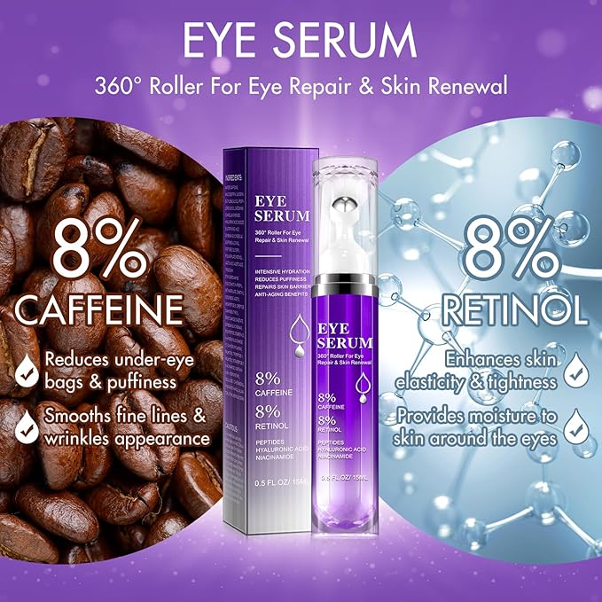 Eye Serum for Dark Circles and Puffiness, Under Eye Cream Anti Aging for Puffiness and Bags with 360ยฐ Eye Roller Massage Ball, Eye Serum with 8% Caffeine 8% Retinol for Women & Men