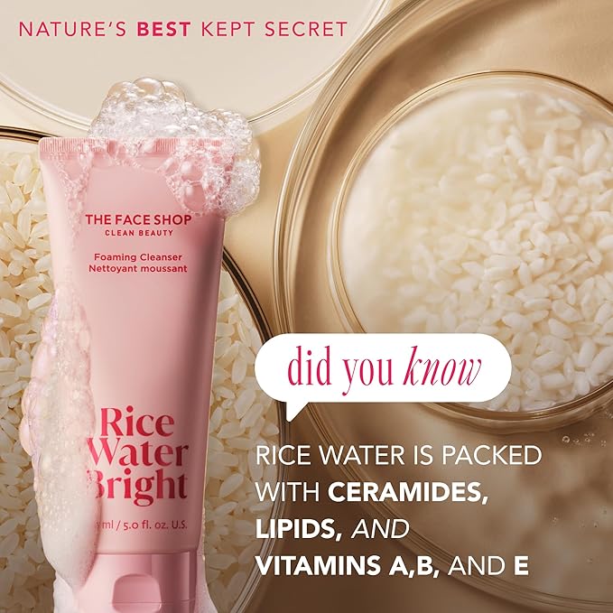The Face Shop Rice Water Bright Foaming Facial Cleanser with Ceramide, Gentle Face Wash for Hydrating & Moisturizing, Vegan Face Cleanser, Makeup Remover, Korean Skin Care for All Skin Types, 300ml