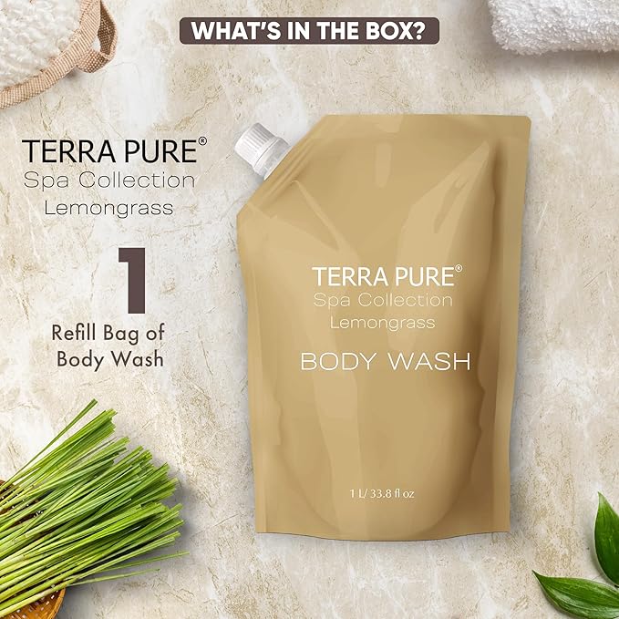 Terra Pure Spa Collection 1 Liter Body Wash Refill Bag For Soap Dispensers | Bulk Toiletries for Vacation Rentals, and Home Bathroom Showers | Green Tea Lemongrass | Single