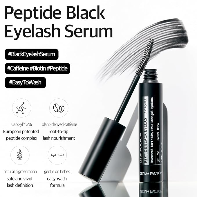 Derma Factory Peptide Eyelash Ampoule โ Black Tinting Lash Growth Serum for Thin, Weak & Damaged Lashes โ Volumizing Peptide Lash Enhancer, Oil-Free, Irritation-Free Formula, Black3, 0.16 fl oz