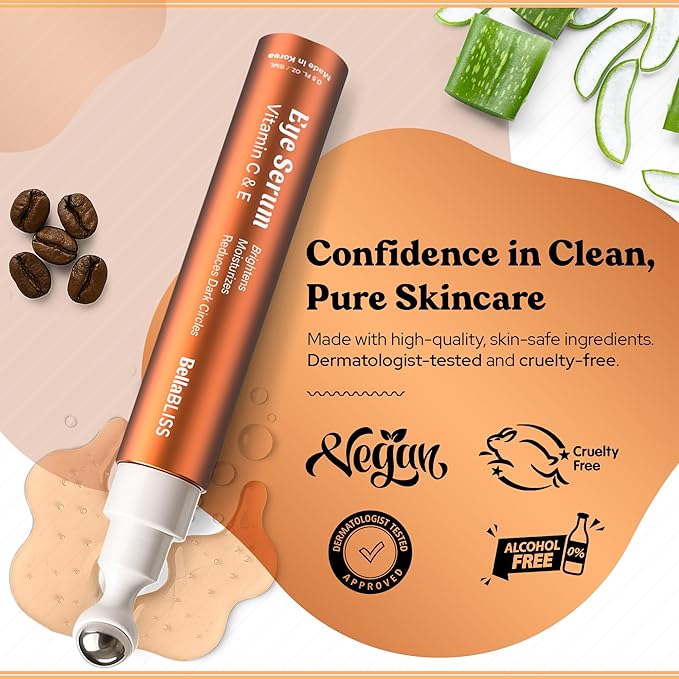 BellaBLISS Vitamin C & Vitamin E Eye Serum โ Hydrating Under Eye Roller for Puffiness, Wrinkles & Dark Circles โ Lightweight Cooling Formula โ 0.5 fl.oz / 15 ml โ Pack of 1