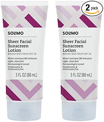 Amazon Brand - Solimo Sheer Face Sunscreen SPF 30, Reef Friendly (Octinoxate & Oxybenzone Free), 3.0 Fluid Ounce (Pack of 2)