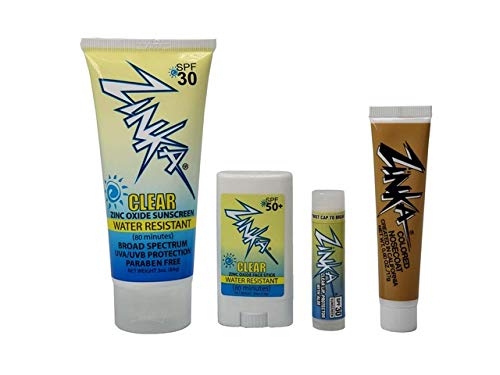 Zinka Sunny Days Personal Pack - SPF 30/50 - UVA & UVB Sunscreen Protection for Face, Body, Lips - Water Resistant, Oil Free, No Parabens (Nosecoat, Lotion, Face Stick, Lip Balm)