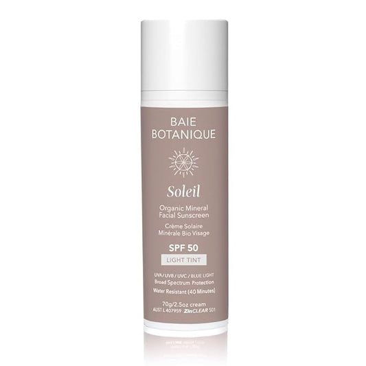 NEW SIZE - Baie Botanique Soleil Organic Facial Sunscreen SPF 50 - Chemical Filter Free Hyaluronic Acid & Vitamin C Sunscreen for Face Natural Vegan No White Cast Non Toxic UVA/UVB - Light Tint 70g