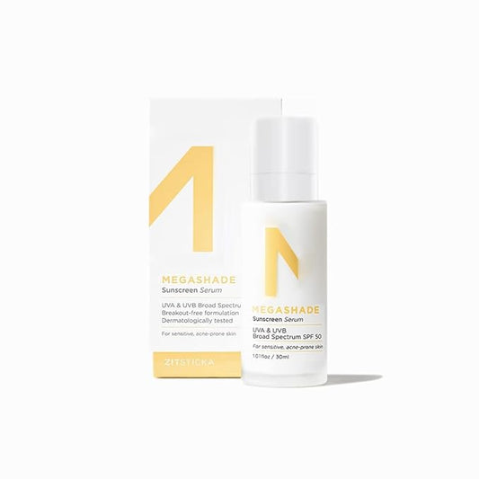 ZitSticka MEGASHADE Sunscreen Serum for Face w/SPF 50-30ml UVA/UVB Protection - Ideal Skin Care for Breakout Prone & Sensitive Skin - Lightweight & Dermatologist Tested