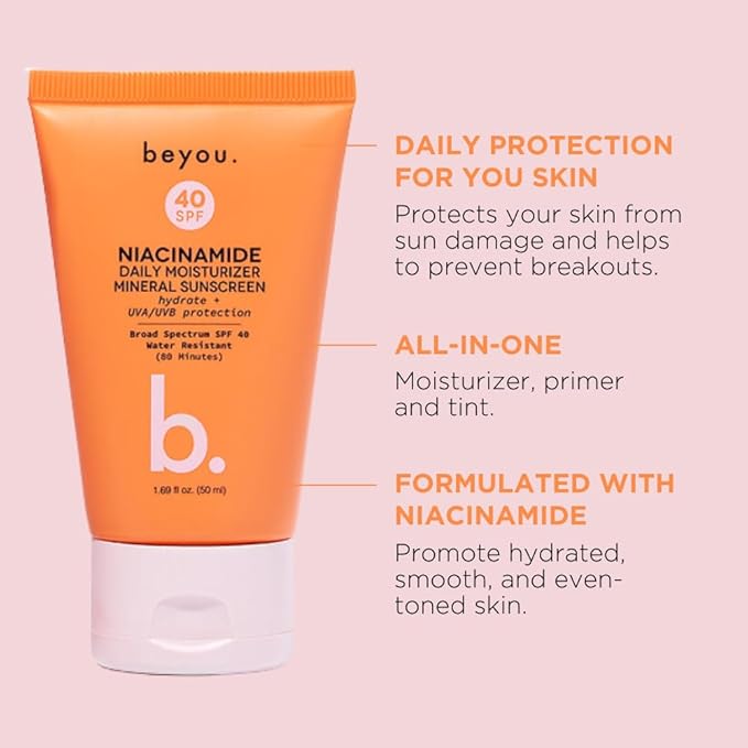 Beyou. Niacinamide Daily Moisturizer Mineral Face Sunscreen + SPF 40, 1.69 fl oz, Tinted, Plant-Based, Cruelty-Free, All Skin Types