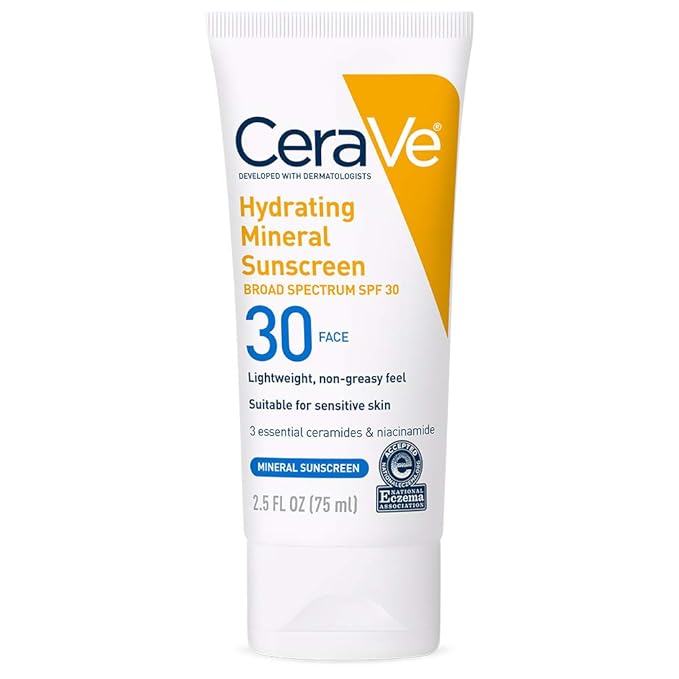 CeraVe 100% Mineral Sunscreen SPF 30 | Face sunscreen With Zinc Oxide & Titanium Dioxide | Hyaluronic Acid + Niacinamide + Ceramides | Oil Free Sunscreen For Face | Travel Size Sunscreen 2.5 oz