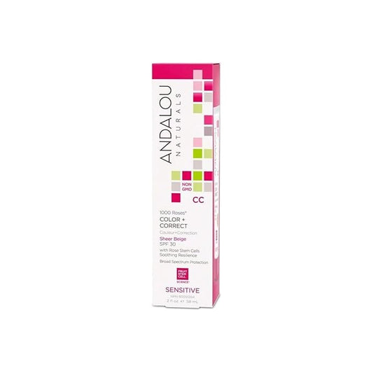 Andalou Naturals 1000 Roses CC Color + Correct with SPF 30, Sheer Beige, 2-in-1 Face Sunscreen + CC Cream for Sensitive Skin, Helps Correct Uneven Skin Tone, Reef Safe Sunscreen, 2 Fl Oz