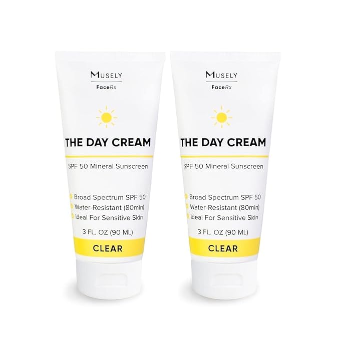 Musely Day Cream Mineral SPF 50, Clinical Grade Sunscreen, Broad-Spectrum, Water Resistant, 3 Fl Oz, Clear Color, 2x Bundle