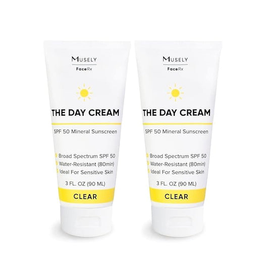 Musely Day Cream Mineral SPF 50, Clinical Grade Sunscreen, Broad-Spectrum, Water Resistant, 3 Fl Oz, Clear Color, 2x Bundle