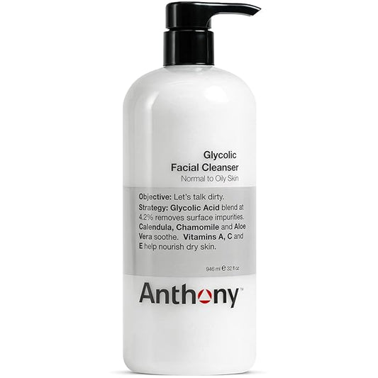 Anthony Glycolic Facial Cleanser for Men – Daily Cleansing Face Wash and Shave Prep – Hydrating, Exfoliating, and Gentle on Sensitive Skin – Non-foaming, 32 Fl Oz