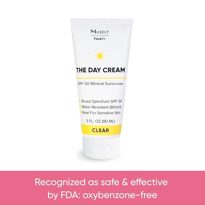 Musely Day Cream Mineral SPF 50, Clinical Grade Sunscreen, Broad-Spectrum, Water Resistant, 3 Fl Oz, Clear Color, 2x Bundle