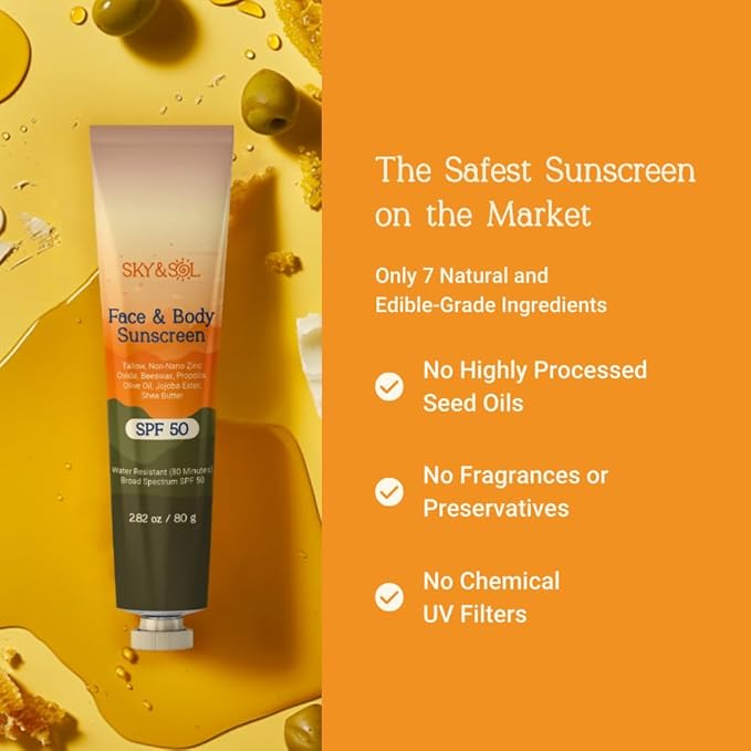 Natural Mineral Sunscreen SPF 50 2.82 oz: Natural Tallow & Zinc Oxide, Reef Safe, Water Resistant, Fragrance-Free, Non-Greasy Formula for Face and Body