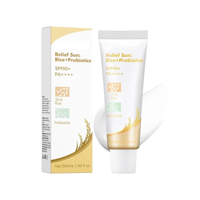 Rice Probiotic Sunscreen, Sun Relief Organic Sunscreen SPF50+, PA++++, Face Sunscreen with Niacinamide, Vitamin E, Zinc Oxide for All Skin Types