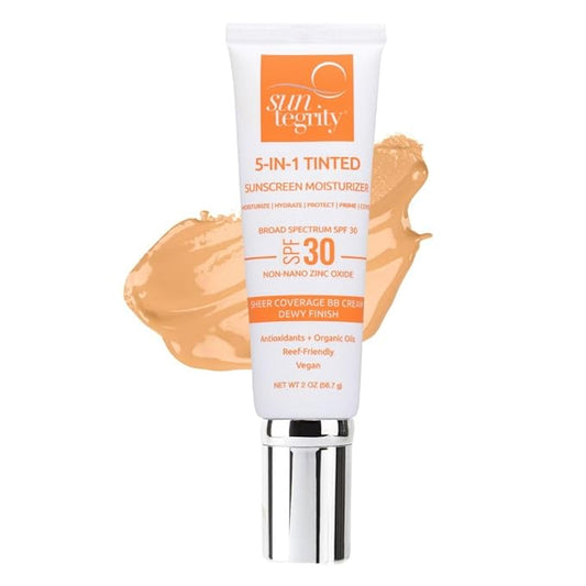 Suntegrity Tinted 5 in 1 Mineral Sunscreen for Face (SPF 30-2 oz) - Medium | BB Cream Moisturizer with Physical UVA/UVB Broad Spectrum Protection | Safe for Sensitive Skin