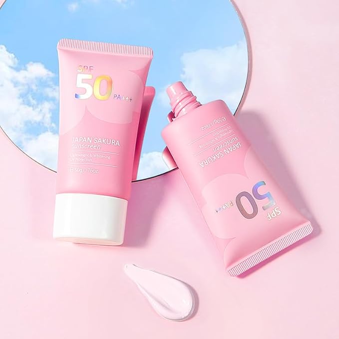 Japan Sakura Sun Cream SPF 50, Sunscreen For Face SPF 50 Sun Protection Over Makeup, SPF 50 Face Moisturiser Non-Greasy + Lightweight