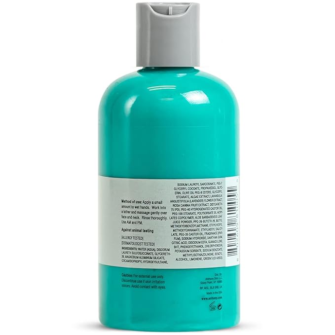 Anthony Algae Facial Cleanser, 8 Fl Oz. Contains Algae, Aloe Vera, Azulene, Lavender and Rose Hip Oil, Cleanses and Refreshes, Moisturizes and Hydrates, Calms and Soothes Your Skin.