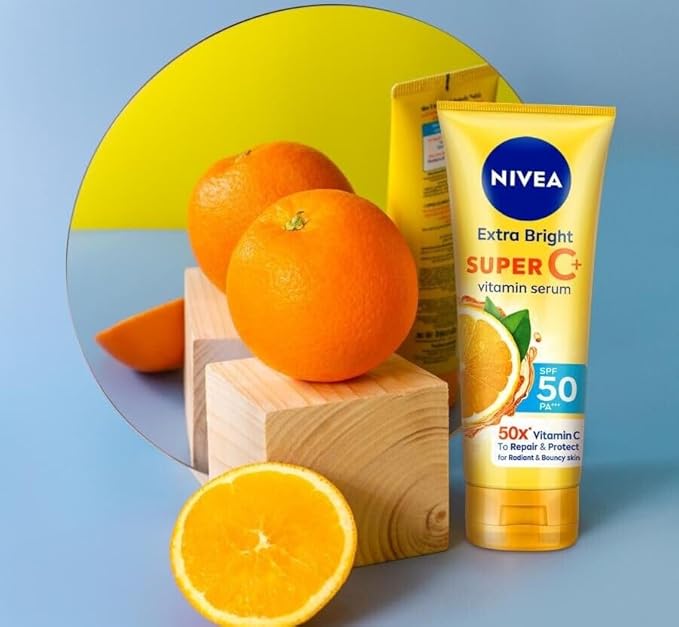 Nivea Extra Bright Super C+ Vitamin Body Serum Sunscreen, SPF50+ PA+++ Size 320 ml, 10.82 Oz (Pack Of 1)