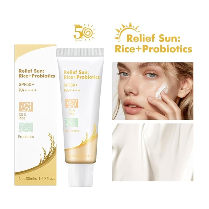 Rice Probiotic Sunscreen, Sun Relief Organic Sunscreen SPF50+, PA++++, Face Sunscreen with Niacinamide, Vitamin E, Zinc Oxide for All Skin Types