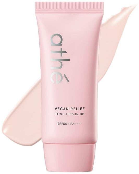 ATHE Vegan Relief Sun BB SPF50+ PA++++, Korean Sunscreen, Zinc Oxide Tone Up Cream, Tone & Texture Correction, Long-Lasting No Sebum Pore Coverage, Reef-safe, 2.36oz.