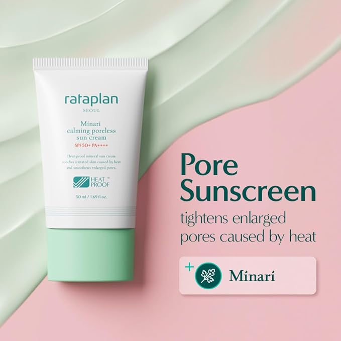 Rataplan Minari Calming Poreless Sun Cream SPF 50+ PA++++ 1.69fl.oz - Mineral Sunscreen, Korean Sunscreen for Face, Pore Minimizer for Face, Reef Safe, Broad Spectrum, Korean Skincare