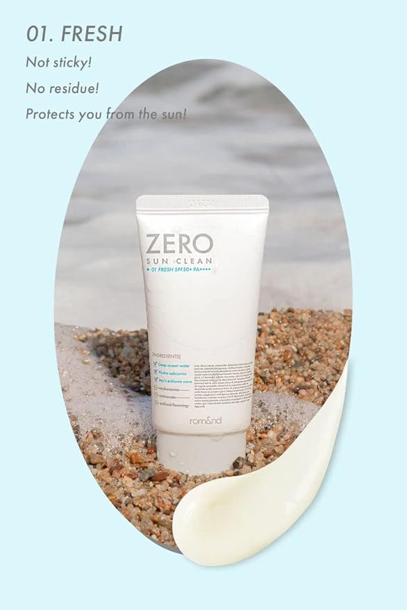 rom&nd ZERO SUN CLEAN 01.FRESH SPF50+ PA++++ 01 Fresh, Daily Sunscreen, Non-Greasy, No White Cast, Watery Texture, Soft Finish, Powerful UV Protection, Moisturizing, All Skin Types