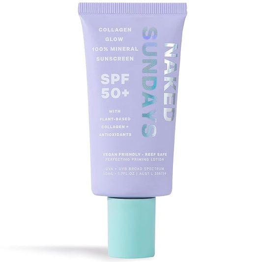 SPF50+ Collagen Glow 100% Mineral Sunscreen, Hydrating 100% Mineral Sunscreen With Zinc Oxide, Vegan Collagen, Primer & A Sheer Tint for Healthy Glow (50ml)