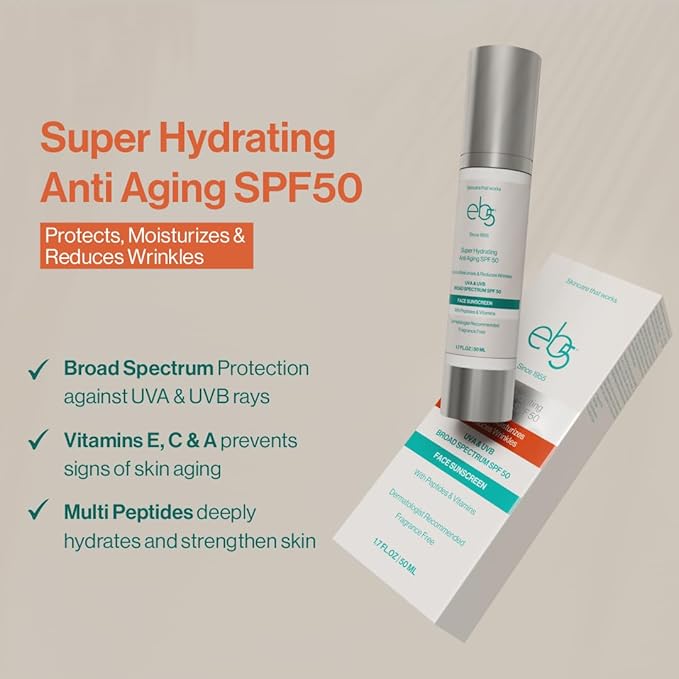 eb5 Super Hydrating Anti-Aging Face Sunscreen SPF 50 | AM Facial Moisturizing Broad Spectrum Sunscreen formulated with Zinc Oxide, Hyaluronic Acid & Multi-Peptides, Vitamin E, C & A - 1.7 FL.Oz