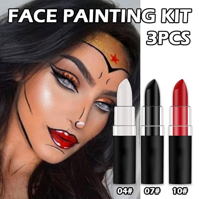 Kaely 3Pcs Face Paint Stick,Pro Eye Black Stick Baseball Football Softball,Easy to Color,Black White Red Matte Lipstick Face Body Paint Set,Halloween Birthday Party Clown Makeup Sets