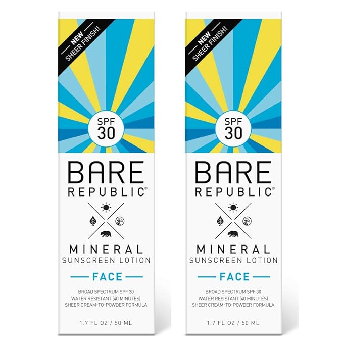 Bare Republic Mineral Face Sunscreen Lotion. Lightweight, Unscented and Water-Resistant Face Moisturizer, 1.7 Oz, 2 Pack, Packaging May Vary